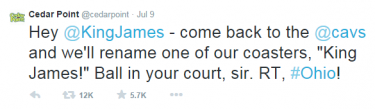 cedar point king james tweet